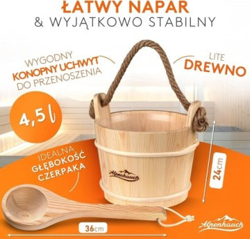Naturalny drewniany zestaw do sauny z wiadrem, chochlą, klepsydrą i termometrem