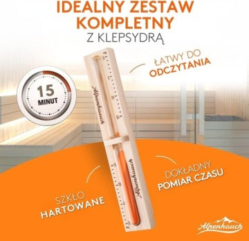 Naturalny drewniany zestaw do sauny z wiadrem, chochlą, klepsydrą i termometrem
